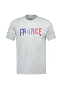 T-shirt en coton gris présentant le mot "FRANCE" en couleurs dégradées audacieuses : bleu à rose. Col rond classique et manches courtes.