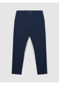 Pantaloni blu navy in morbido cotone, con un design slim fit, tasche frontali e chiusura con bottone per una vestibilità sicura.