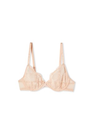 Reggiseno rosa chiaro in pizzo con ferretto, spalline regolabili e un piccolo fiocco centrale, disteso su uno sfondo bianco.