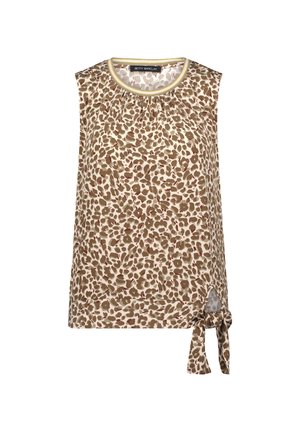 Mouwloos damestopje met beige en bruine luipaardprint, ronde hals met gouden bies en zijstrikdetail aan de zoom.