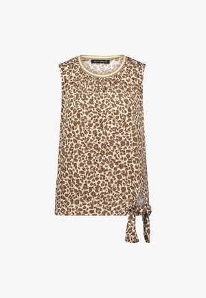 Mouwloos damestopje met beige en bruine luipaardprint, ronde hals met gouden bies en zijstrikdetail aan de zoom.