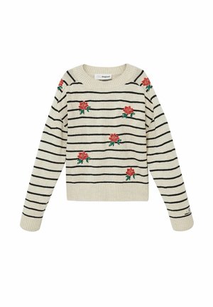 Kremowy sweter z dzianiny z czarnymi poziomymi paskami i haftowanymi czerwonymi różami rozmieszczonymi na przodzie i rękawach, z okrągłym dekoltem.