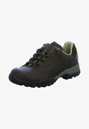 Brown leather hiking shoe with a textured surface, lace-up design, rubber sole, and subtle accent details on the side and tongue.