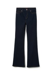 Jean flare en denim foncé avec une texture lisse, design à cinq poches, coutures orange contrastantes et taille mi-haute.