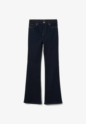Donker denim flare jeans met een gladde textuur, vijf zakken, contrasterende oranje stiksels en een middelhoge tailleband.