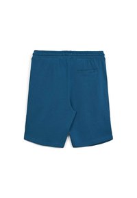 Shorts en coton bleu avec une taille élastique et une poche arrière. Texture lisse, design à la longueur du genou et une couleur unie simple.