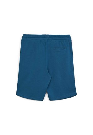Pantaloncini di cotone blu con elastico in vita e una tasca posteriore singola. Il design è semplice, con orlo dritto e senza motivi visibili.