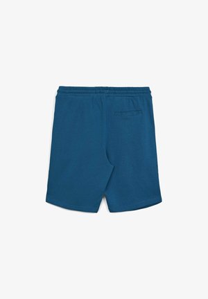 Pantaloncini di cotone blu con elastico in vita e una tasca posteriore singola. Il design è semplice, con orlo dritto e senza motivi visibili.