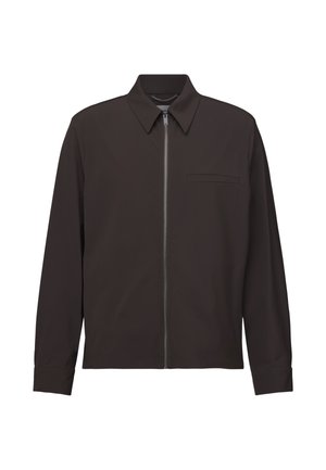 Dark brown long-sleeve shirt with collar, front zipper, and small horizontal chest pocket on a white background.