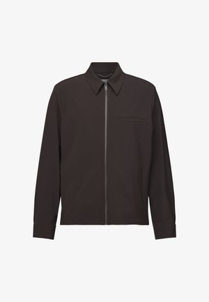 Dark brown long-sleeve shirt with collar, front zipper, and small horizontal chest pocket on a white background.