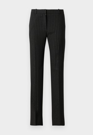 Pantaloni neri a righe sottili con design a gamba dritta, realizzati in un tessuto liscio con un delicato lucido e dettagli verticali argentati.