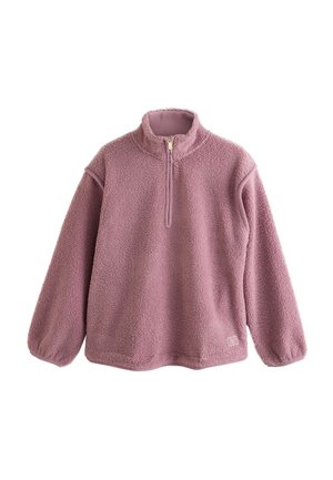 Langärmliger Fleece-Pullover in Mauve mit Viertelreißverschluss am Kragen und elastischen Bündchen, vor weißem Hintergrund gezeigt.
