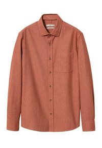 Pitkähihainen napitettava paita poltetuissa oransseissa sävyissä, valmistettu tekstuurillisesta kankaasta, jossa on rintatasku ja ruskeat napit.