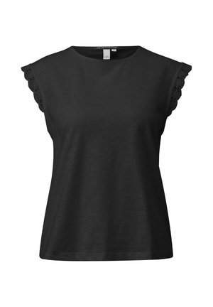 Schwarzes ärmelloses Damenoberteil mit rundem Ausschnitt und gezacktem Spitzenbesatz an den Schultern, aus weichem Stoff gefertigt.