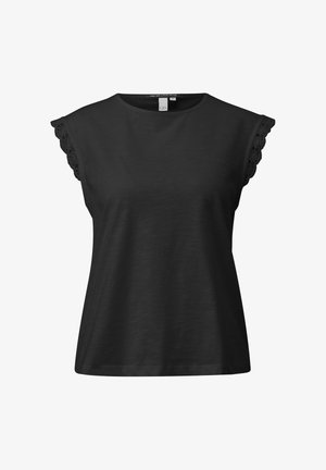 Top nero senza maniche da donna con scollo rotondo e bordo in pizzo smerlato sulle spalle, realizzato in tessuto morbido.