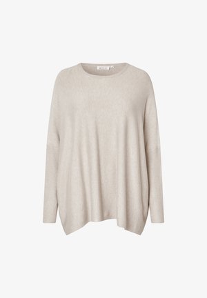 Suéter de punto beige con cuello redondo, corte holgado y mangas largas. Presenta acentos de canalé en los puños y una tela suave y texturizada.