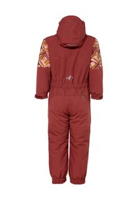 Macaco de exterior vermelho com capuz, cintura elástica e mangas padrão em tons quentes, apresentando um acabamento mate e punhos ajustáveis.