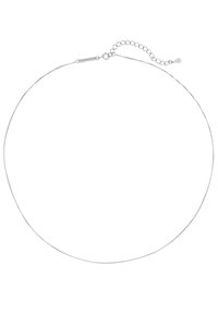 Collier en chaîne en métal argenté avec un design délicat, présentant de fins maillons et un fermoir mousqueton avec une chaîne de longueur ajustable.