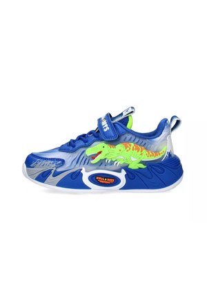 Sneaker blu con grafica di un dinosaurio, materiali in rete e sintetici, fascia in velcro, suola texturizzata e dettagli colorati.