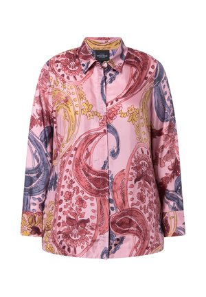 Lange mouwen overhemd in roze satijn met een paisleypatroon in rood, blauw en geel. Voorzien van een kraag en een relaxte pasvorm.