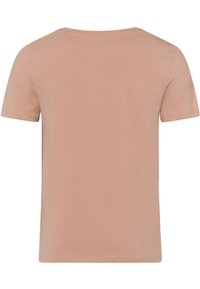 Jasnoróżowa koszulka z krótkim rękawem, okrągłym dekoltem i miękkiego materiału. Tył jest gładki, bez widocznych wzorów czy akcentów.