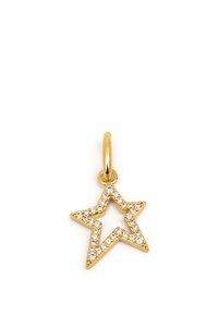 Ciondolo a forma di stella dorata con centro cavo, decorato con scintillanti strass trasparenti lungo i bordi, finitura lucida e anello per attacco.