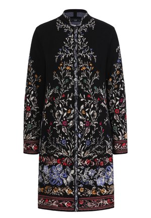Black long coat featuring intricate floral embroidery in various colors, with a round collar and button closure. Detailed pattern at hem.