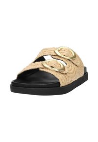 Beige woven slide sandal features two large gold circular accents, with a black textured sole and an open-toe design for breathability.