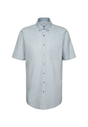 Kortærmet skjorte med knapper, i lysegrå og blå subtile tern, med enkelt brystlomme, vist på hvid baggrund.