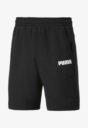 Czarne sportowe szorty Puma z elastycznym pasem i bocznymi kieszeniami, z białym logo Puma na prawej udzie.
