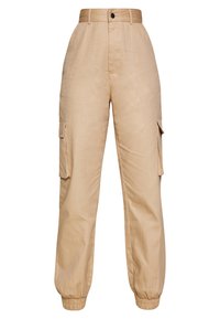 Beige cargobyxor med hög midja, elastiska mudd, två sidofickor och knäppning fram. Slät tygtextur.