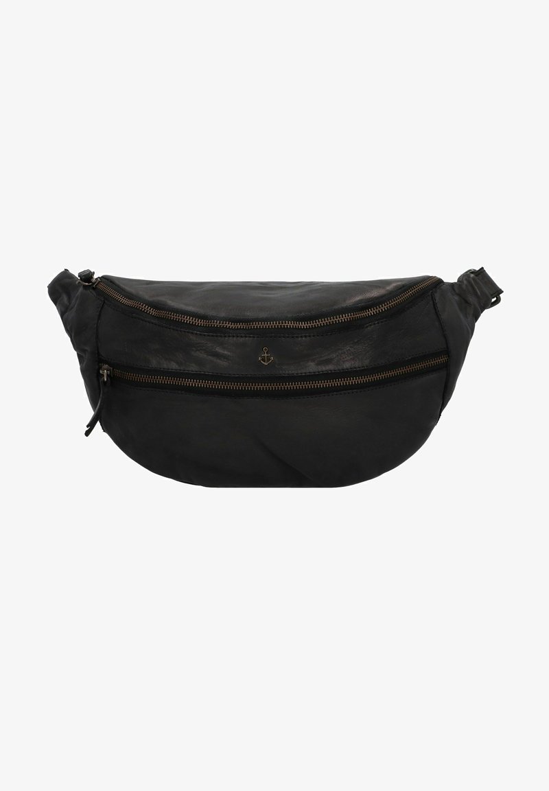 Schwarze Leder-Gürteltasche mit kurviger Form, ausgestattet mit einem oberen Reißverschluss und einer Fronttasche mit einer bronzefarbenen Reißverschlusseinfassung und einem Anker-Logo.
