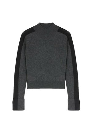 Dunkelgrauer Pullover mit einem enganliegenden Kragen, kontrastierenden schwarzen Schulterpaneelen und gerippten Bündchen sowie Saum. Glatte Textur mit minimalen Details.