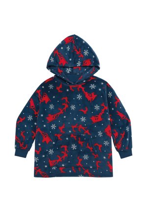 Dark blue hooded fleece with red reindeer and sleighs, white snowflakes, and front kangaroo pocket.