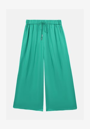 Pantaloni largi turcoaz, fabricați dintr-un material neted. Include o talie elastică cu șnur și accente metalice pentru ajustare.