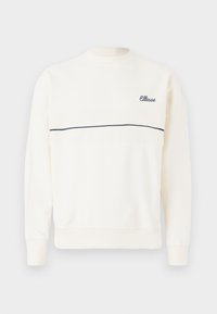 Biele dlhé rukávy mikina so žebrovanými manžetami a výstrihom, tenká horizontálna námornícka pruh, a malá logo "Ellesse" na hrudi.