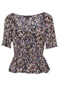 Top peplum floreale con maniche corte, sfondo nero, caratterizzato da fiori rosa, blu e gialli, dettagli in vita arricciati e una morbida texture del tessuto.