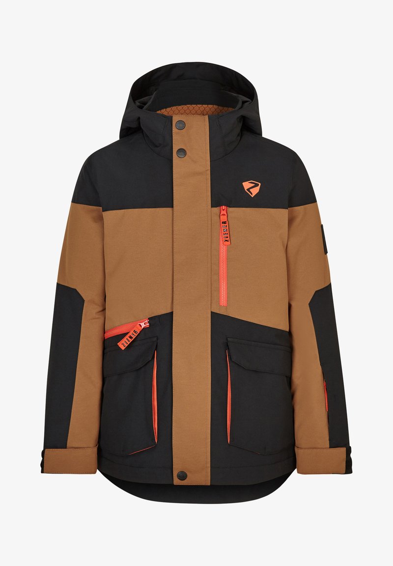 Brown and black jacket with a hood, featuring red zippers, multiple pockets, and contrasting color blocks. Textured fabric and button closures.