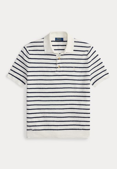 Striped polo shirt in cream and navy. Made of textured fabric, featuring a three-button placket and a ribbed collar. Small logo on chest.