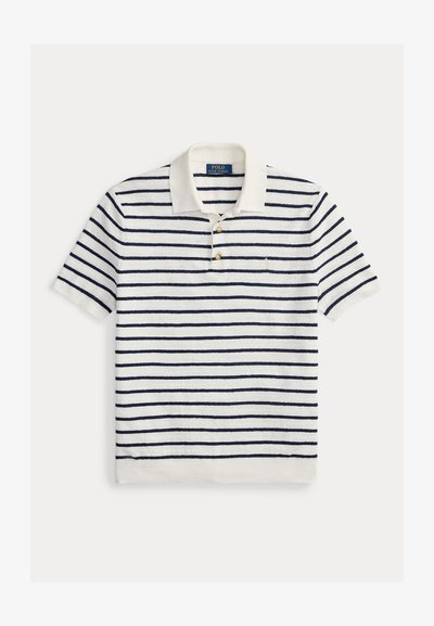 Striped polo shirt in cream and navy. Made of textured fabric, featuring a three-button placket and a ribbed collar. Small logo on chest.