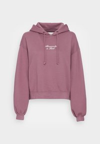 Sudadera corta morada hecha de tela suave, con capucha ajustable y puños de canalé, con "Abercrombie & Fitch" bordado en el frente.