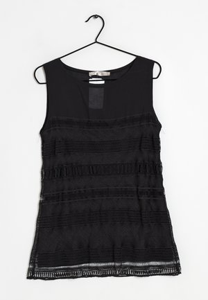 Black sleeveless top, featuring a textured design with horizontal lace stripes, round neckline, and a slight flare at the hem.