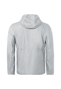 Veste gris clair avec capuche, poignets élastiques et un matériau lisse, résistant à l'eau. Design simple sans motifs ou matériel visible.