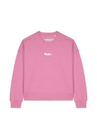 Helles rosa Sweatshirt aus Baumwolle mit Rundhalsausschnitt und langen Ärmeln. Auf der Vorderseite steht der Text "Nope." in Weiß.