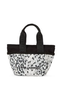 Black and white fabric tote bag with short, sturdy handles; features a leopard print design and "Karl Lagerfeld" logo on the front.