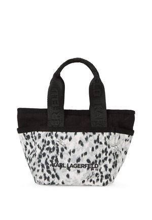 Black and white fabric tote bag with short, sturdy handles; features a leopard print design and "Karl Lagerfeld" logo on the front.