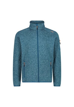 Blauwe, gestructureerde fleecejas met volledige ritssluiting, hoge kraag, twee voorzakken met rits en een kleine ritssluitingzak op de linkermouw.