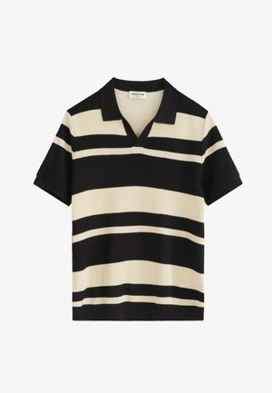 Polo à manches courtes avec col, rayures horizontales noires et beiges et patte de boutonnage en V.