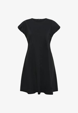 Schwarzes Kleid mit kurzen Ärmelchen, rundem Ausschnitt und einer taillierten Oberseite, die in eine A-Linie ausläuft. Glattes Gewebe mit dezentem Textur.