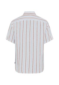 Kurze Ärmelbluse in Hellblau mit senkrechten Streifen in Braun. Verfügt über einen Kragen, einen lockeren Schnitt und einen geraden Saum am Boden.